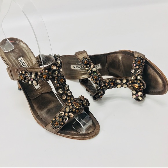 Manolo Blahnik Shoes - Manolo Blahnik Jeweled T-Strap Sandals Brown Sz 6